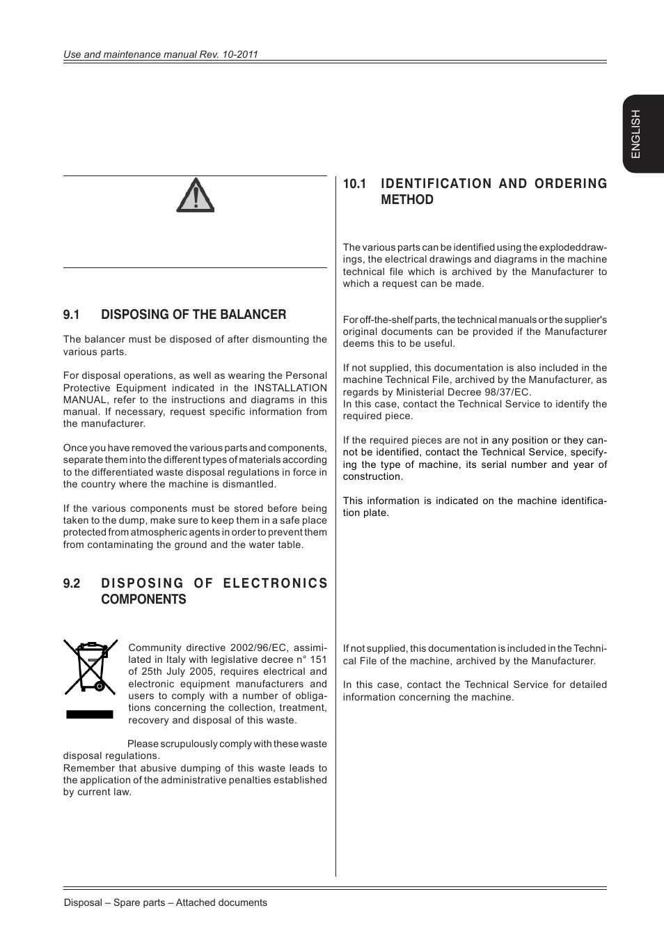 Disposal 10, Spare parts, Attached documentation | 1 disposing of the balancer, 1 identification and ordering method | CEMB USA ER80 (B) User Manual | Page 23 / 24