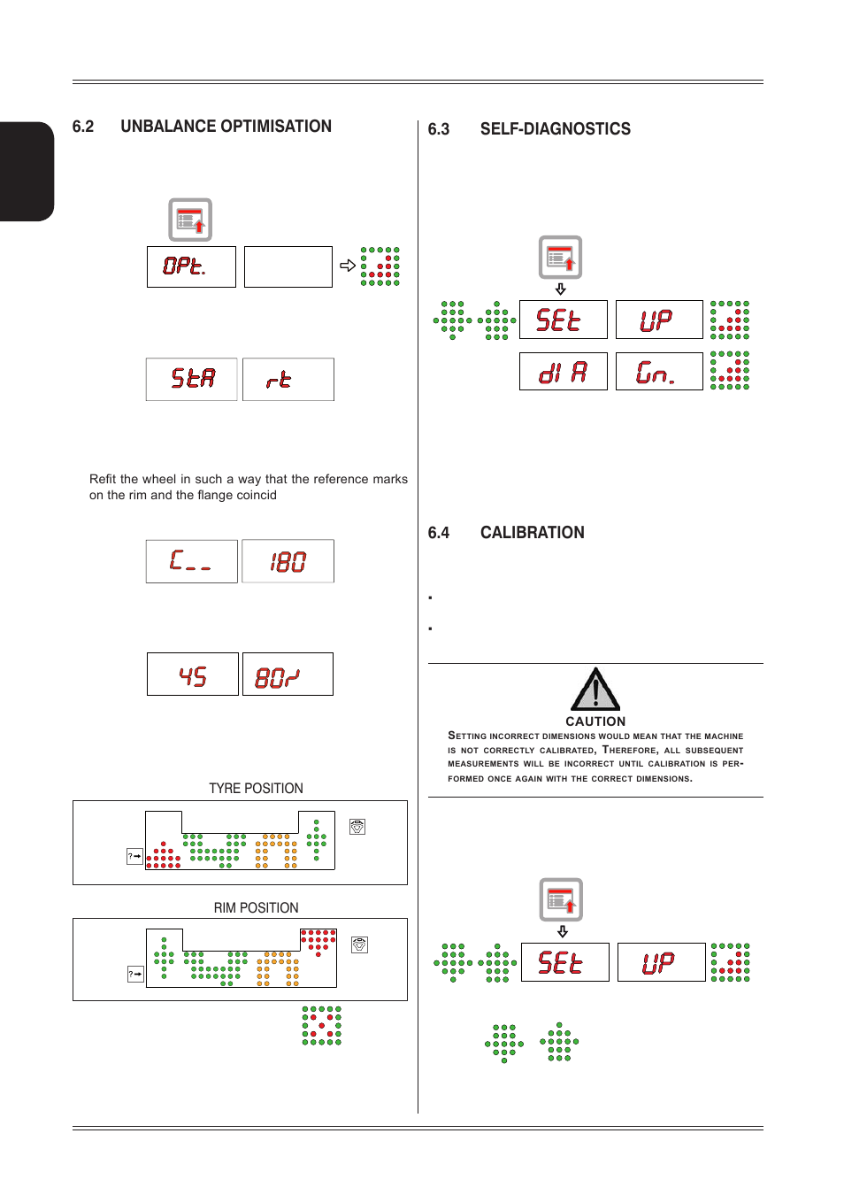 2 unbalance optimisation, 3 self-diagnostics, 4 calibration | English, Tyre position rim position | CEMB USA ER80 (C) User Manual | Page 16 / 24