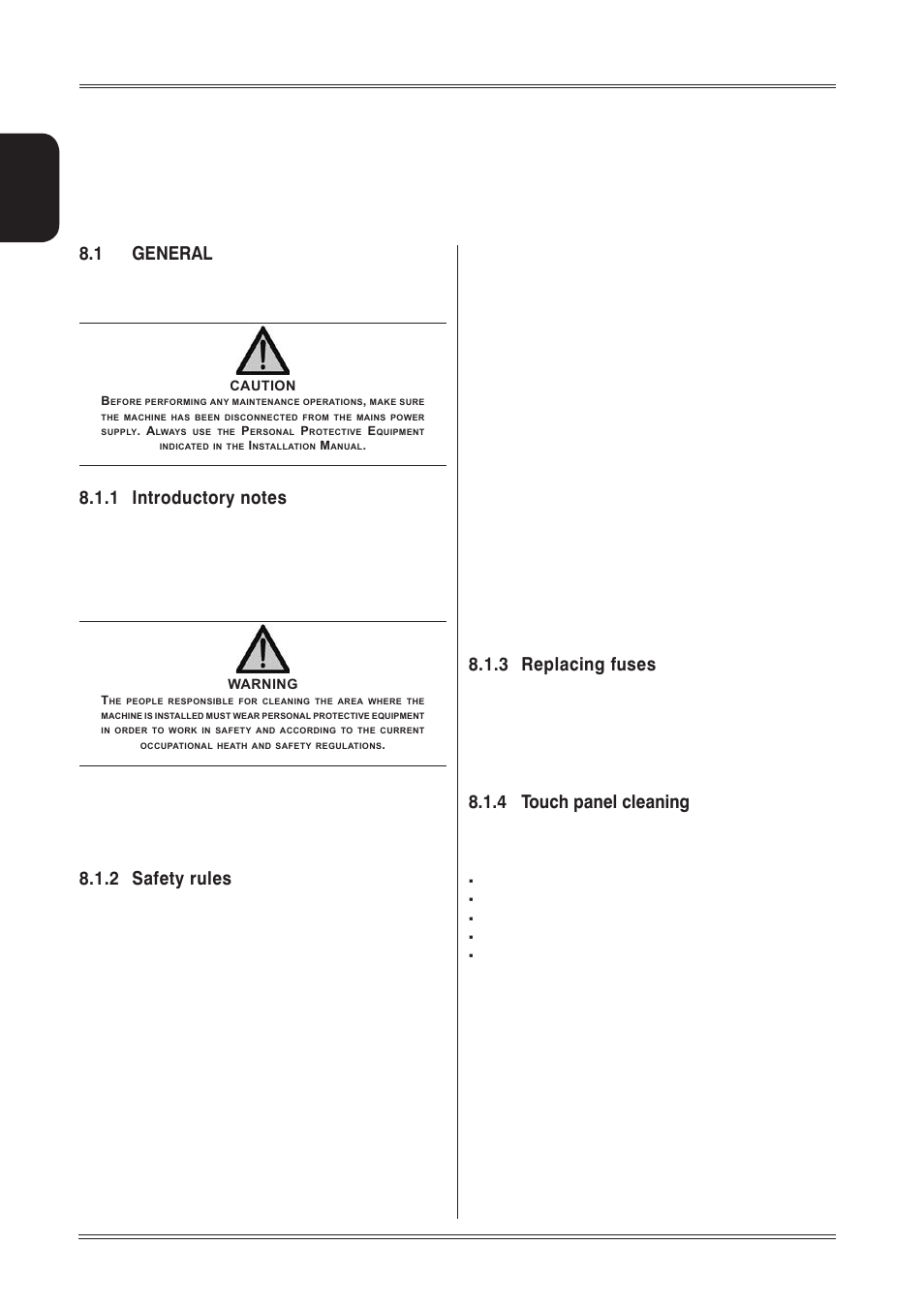 Maintenance, 1 general, 1 introductory notes | 2 safety rules, 3 replacing fuses, 4 touch panel cleaning, English | CEMB USA ER80 (D) User Manual | Page 22 / 24