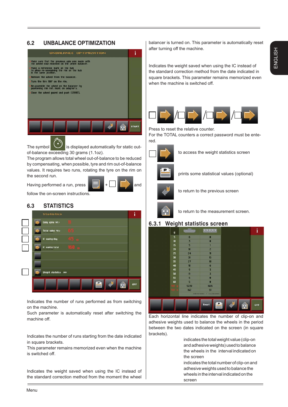 2 unbalance optimization, 3 statistics, 1 weight statistics screen | CEMB USA C88 EVO (C) User Manual | Page 21 / 32
