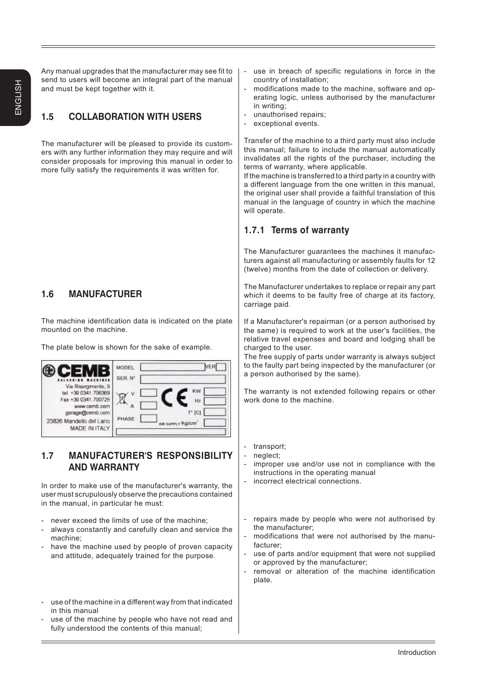 5 collaboration with users, 6 manufacturer, 7 manufacturer's responsibility and warranty | 1 terms of warranty | CEMB USA C88 EVO (C) User Manual | Page 4 / 32