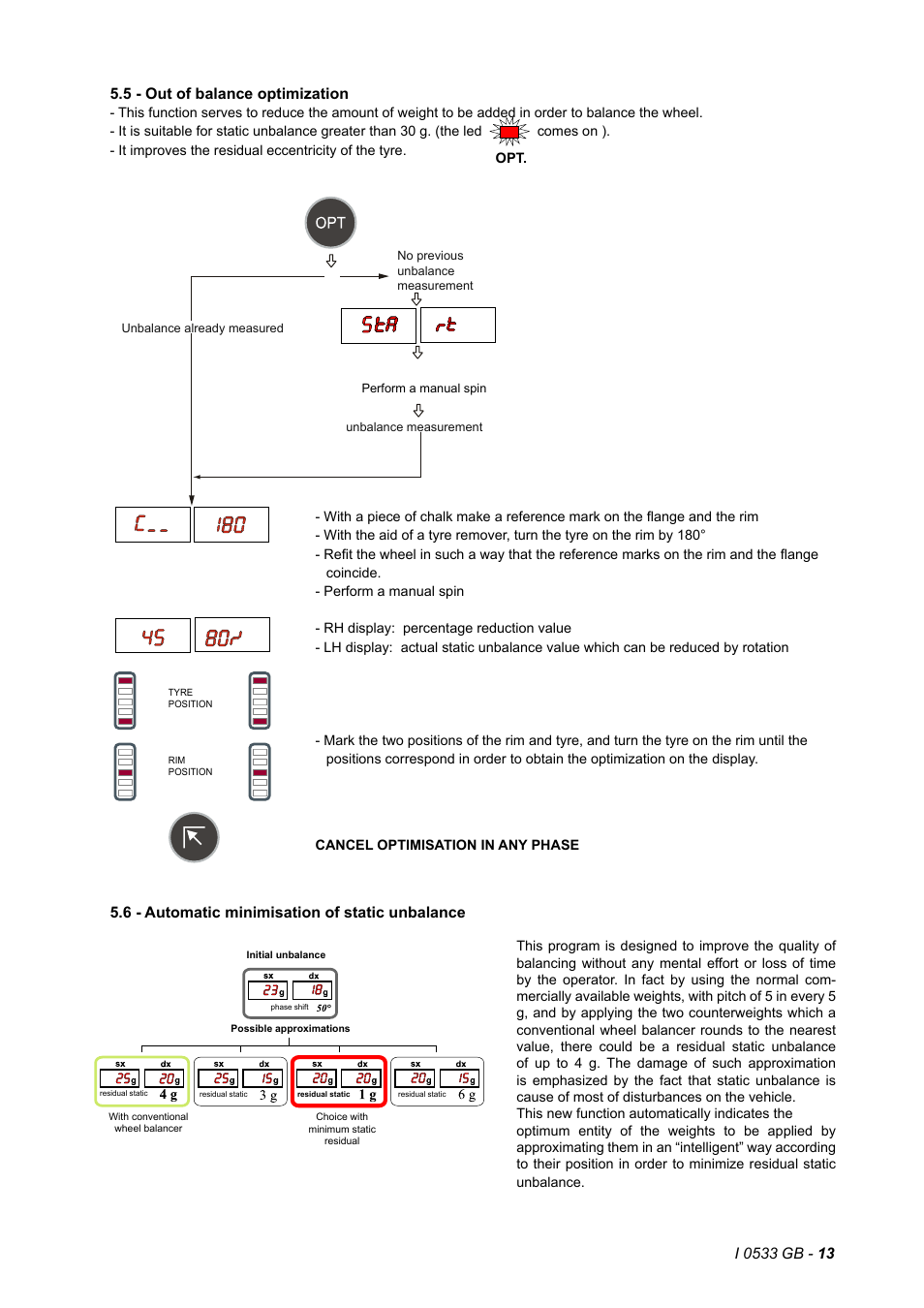 5 - out of balance optimization, 6 - automatic minimisation of static unbalance | CEMB USA C29_2 (B) User Manual | Page 13 / 16