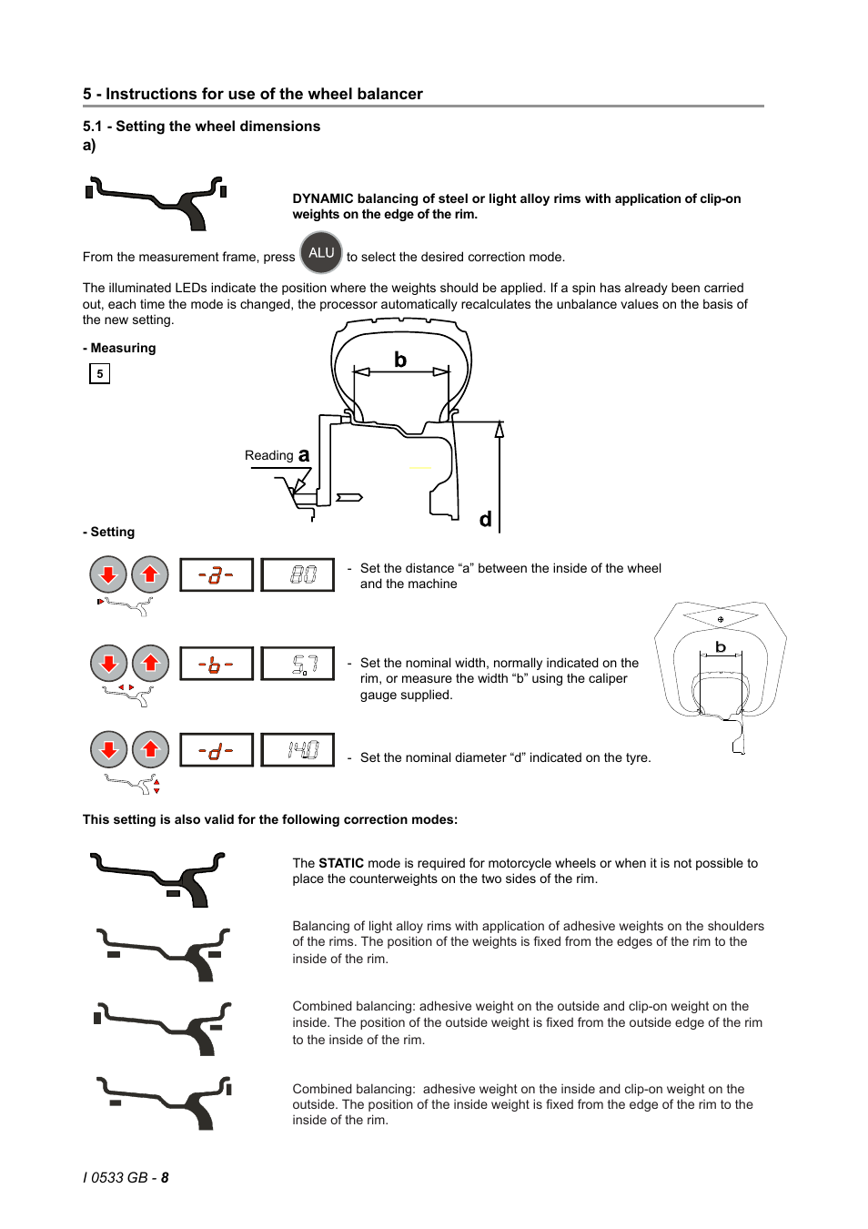 5 - instructions for use of the wheel balancer, 1 - setting the wheel dimensions | CEMB USA C29_2 (B) User Manual | Page 8 / 16