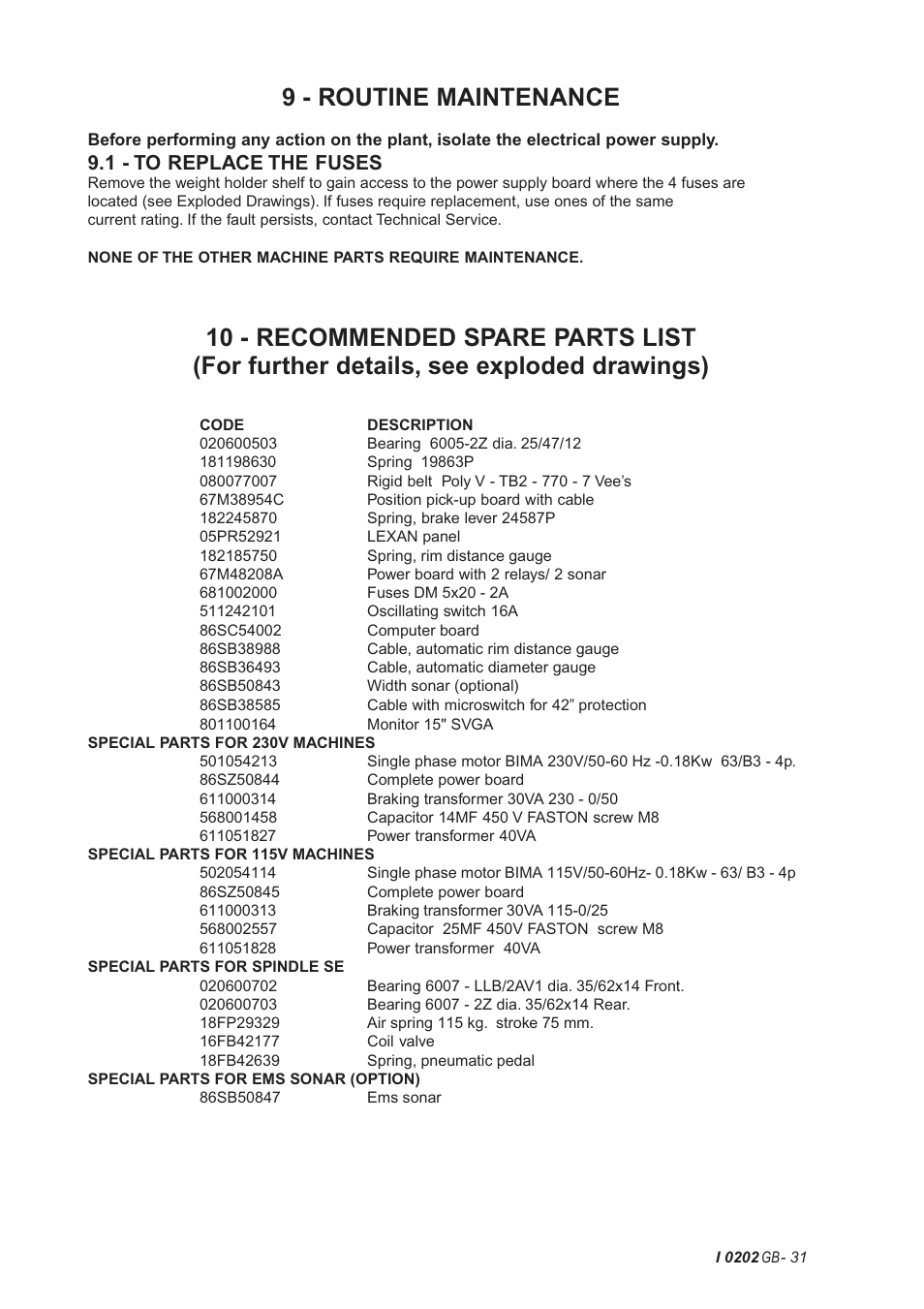 9 - routine maintenance, 1 - to replace the fuses | CEMB USA C75 (A) User Manual | Page 31 / 32