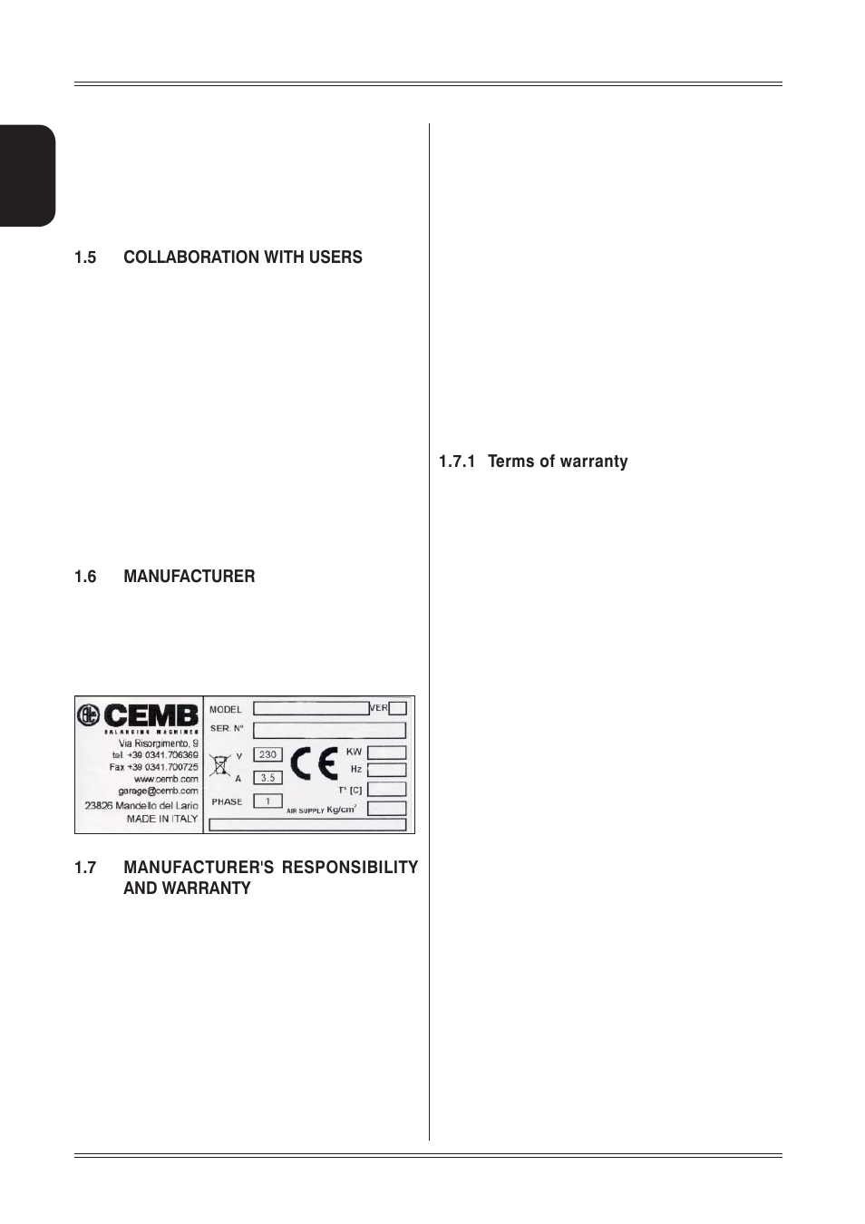 5 collaboration with users, 6 manufacturer, 7 manufacturer's responsibility and warranty | 1 terms of warranty | CEMB USA C73-L SE (C) User Manual | Page 4 / 28