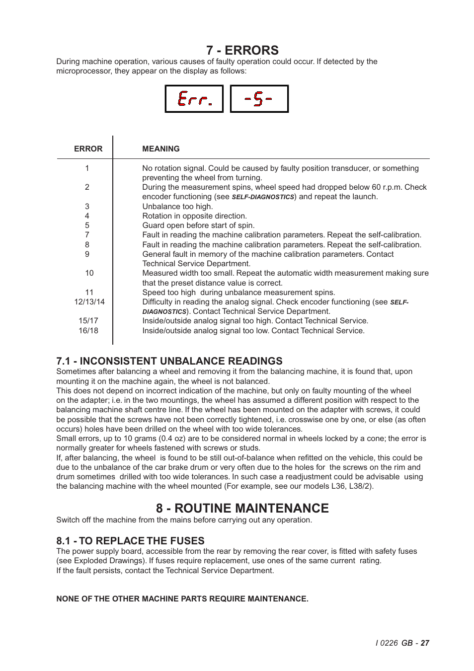 7 - errors, 8 - routine maintenance, 1 - inconsistent unbalance readings | 1 - to replace the fuses | CEMB USA C72_2SE (B) User Manual | Page 27 / 28