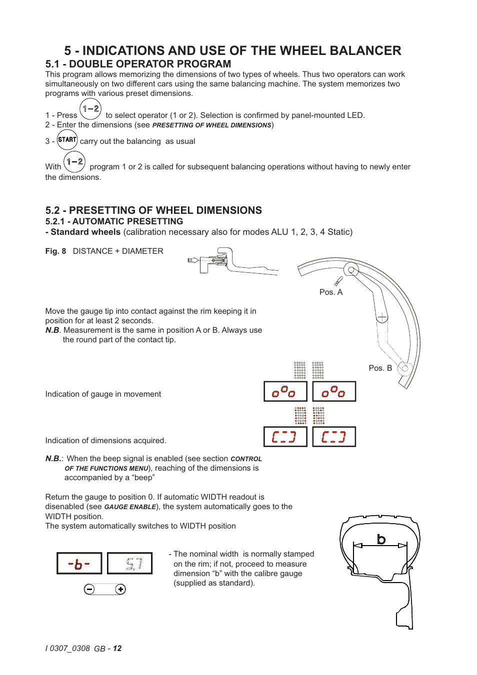 5 - indications and use of the wheel balancer, 1 - double operator program, 2 - presetting of wheel dimensions | CEMB USA C72 (B) User Manual | Page 12 / 30