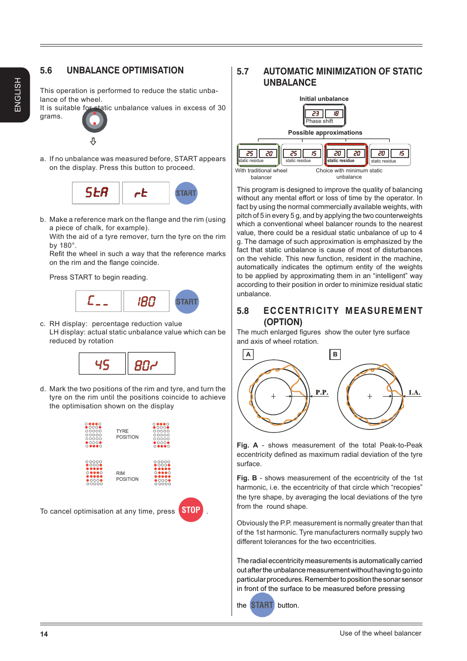 6 unbalance optimisation, 7 automatic minimization of static unbalance, 8 eccentricity measurement (option) | English | CEMB USA C72_2SE EVO (B) User Manual | Page 14 / 24