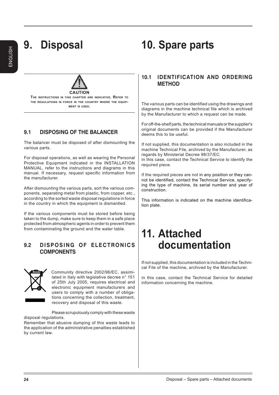 Disposal 10, Spare parts, Attached documentation | 1 disposing of the balancer, 1 identification and ordering method | CEMB USA C72_2SE EVO (B) User Manual | Page 24 / 24