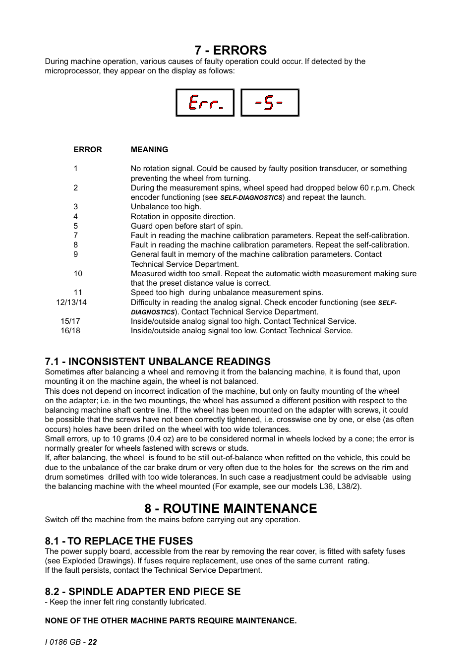 7 - errors, 8 - routine maintenance, 1 - inconsistent unbalance readings | 1 - to replace the fuses, 2 - spindle adapter end piece se | CEMB USA C72_2SE (A) User Manual | Page 22 / 26