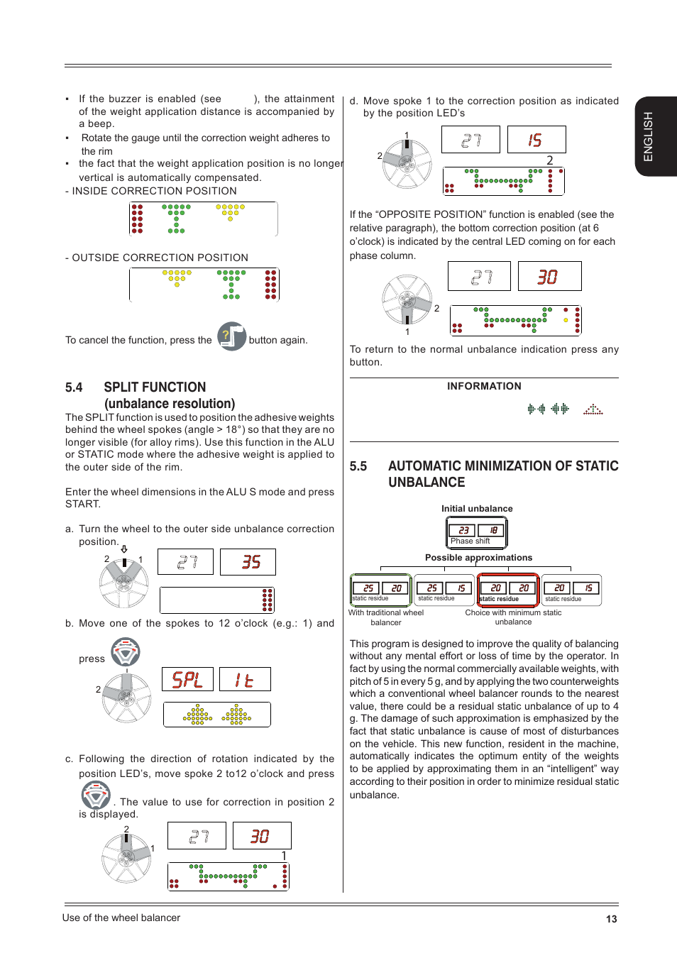 4 split function (unbalance resolution), 5 automatic minimization of static unbalance, English | CEMB USA C71_2 evo (E) User Manual | Page 13 / 22