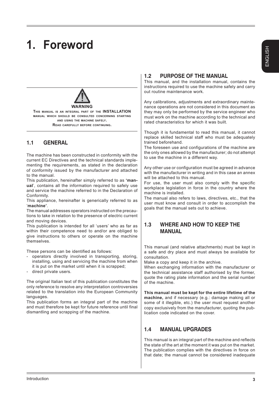 Foreword, 1 general, 2 purpose of the manual | 3 where and how to keep the manual, 4 manual upgrades, English | CEMB USA C71_2 SE evo (B) User Manual | Page 3 / 22