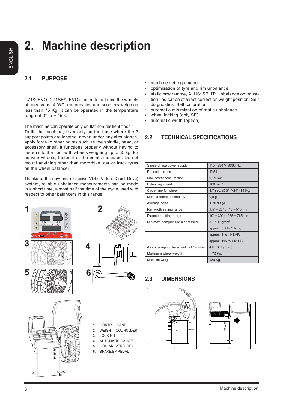 Machine description, 1 purpose, 2 technical specifications | 3 dimensions | CEMB USA C71_2 SE evo (B) User Manual | Page 6 / 22