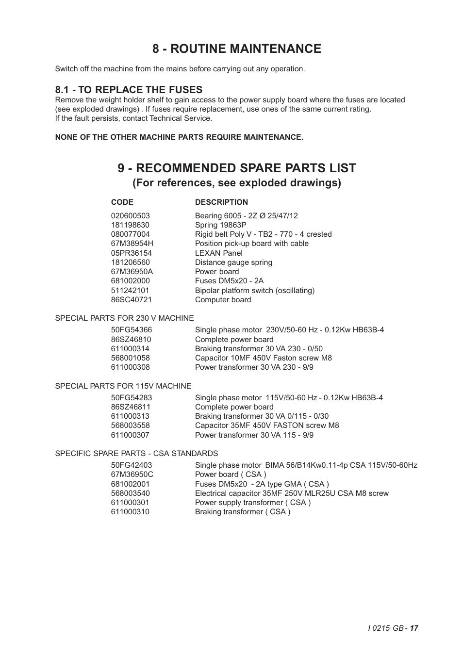 8 - routine maintenance, 9 - recommended spare parts list, For references, see exploded drawings) | 1 - to replace the fuses | CEMB USA K10 (D) User Manual | Page 17 / 17