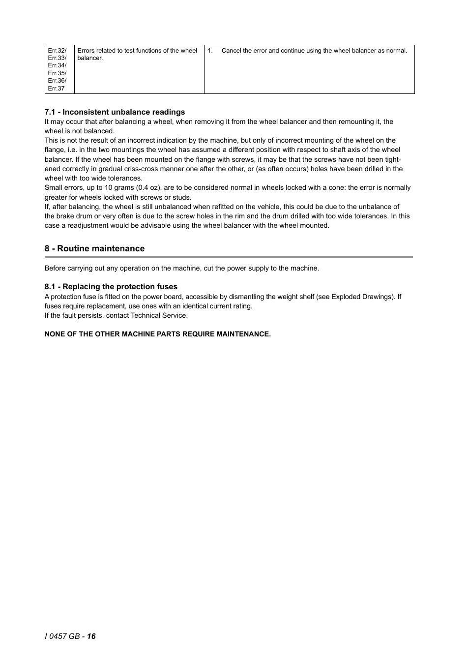 1 - inconsistent unbalance readings, 1 - replacing the protection fuses | CEMB USA K8 (B) User Manual | Page 16 / 16
