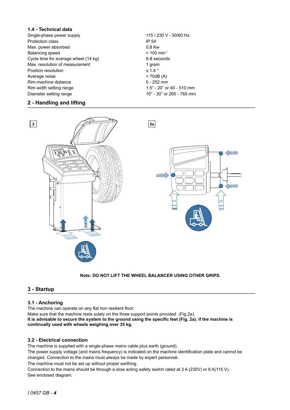4 - technical data, 2 - handling and lifting, 3 - startup | 1 - anchoring, 2 - electrical connection | CEMB USA K8 (B) User Manual | Page 4 / 16