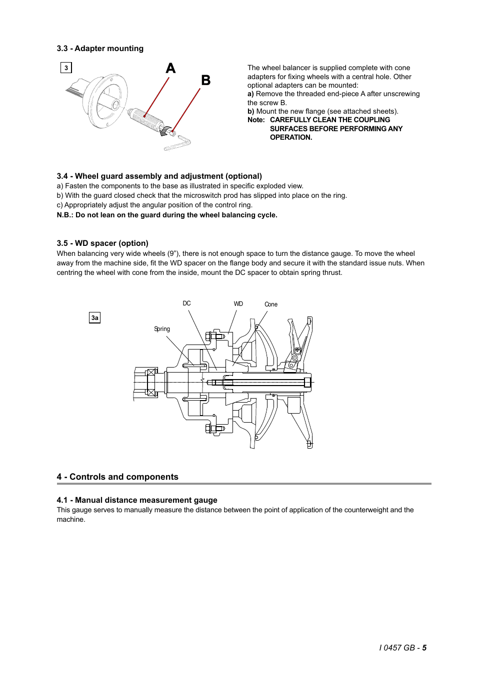 3 - adapter mounting, 4 - wheel guard assembly and adjustment (optional), 5 - wd spacer (option) | 4 - controls and components, 1 - manual distance measurement gauge | CEMB USA K8 (B) User Manual | Page 5 / 16