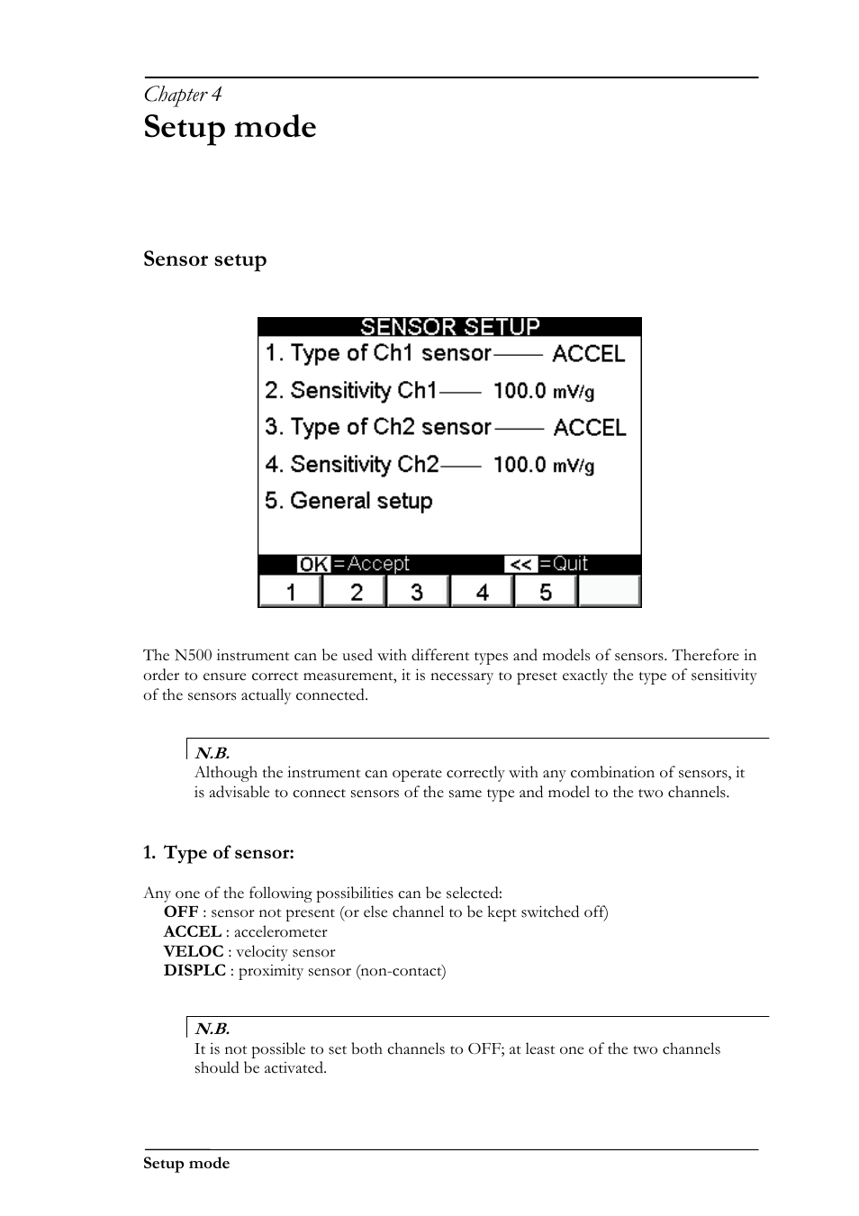 Setup mode, Chapter 4, Sensor setup | CEMB USA N500 User Manual | Page 21 / 89