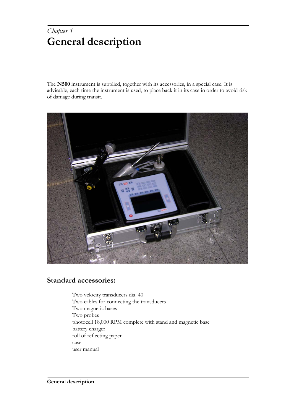 General description, Chapter 1, Standard accessories | CEMB USA N500 User Manual | Page 5 / 89