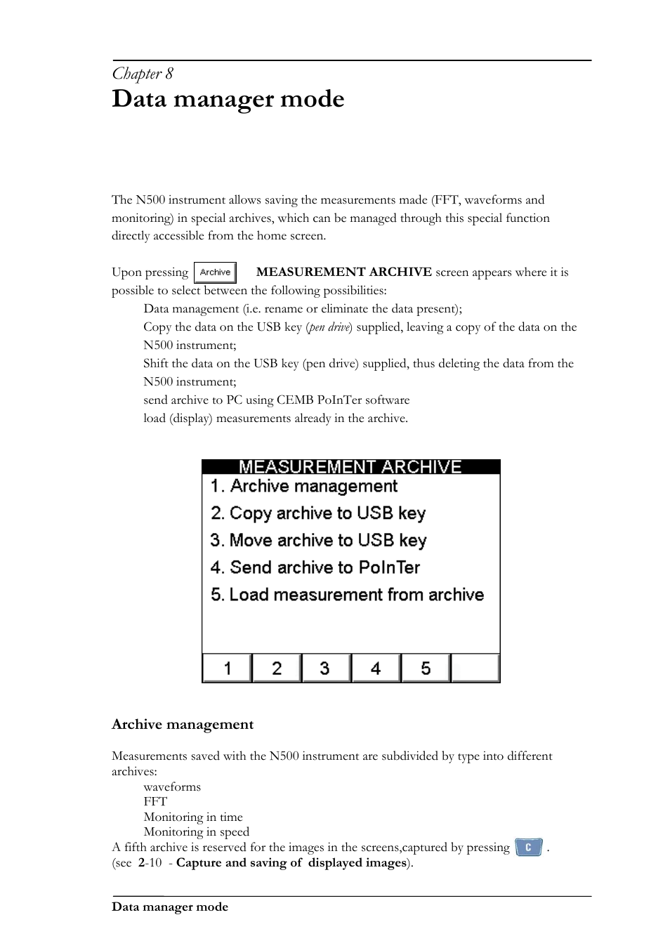 Data manager mode, Chapter 8, Archive management | CEMB USA N500 User Manual | Page 57 / 89