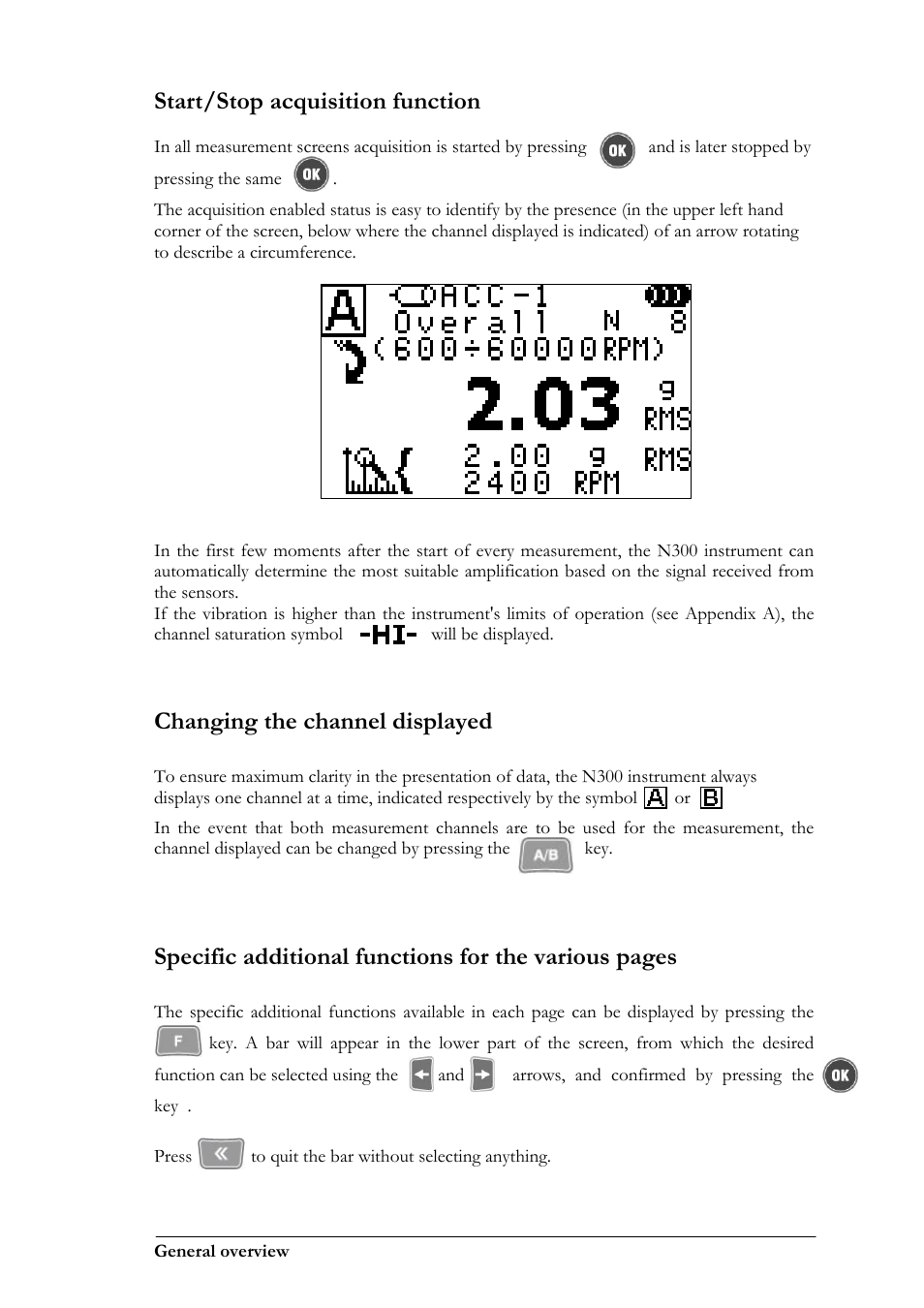Start/stop acquisition function, Changing the channel displayed | CEMB USA N300 User Manual | Page 15 / 90