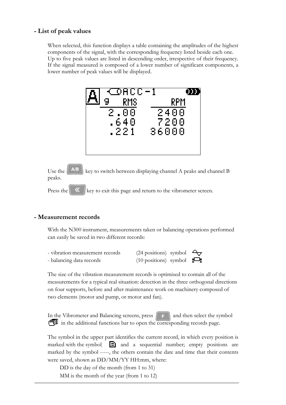 List of peak values, Measurement records | CEMB USA N300 User Manual | Page 16 / 90