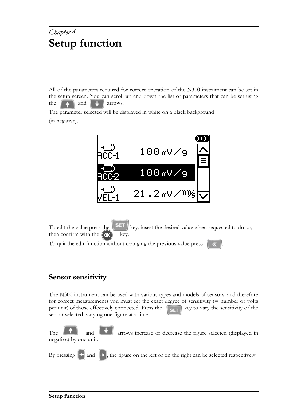 Setup function, Chapter 4, Sensor sensitivity | CEMB USA N300 User Manual | Page 21 / 90