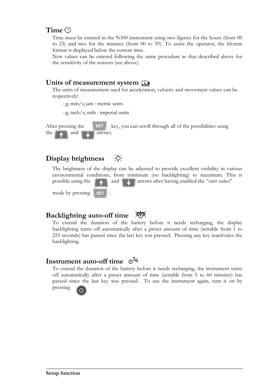 Time, Units of measurement system, Display brightness | Backlighting auto-off time, Instrument auto-off time | CEMB USA N300 User Manual | Page 23 / 90