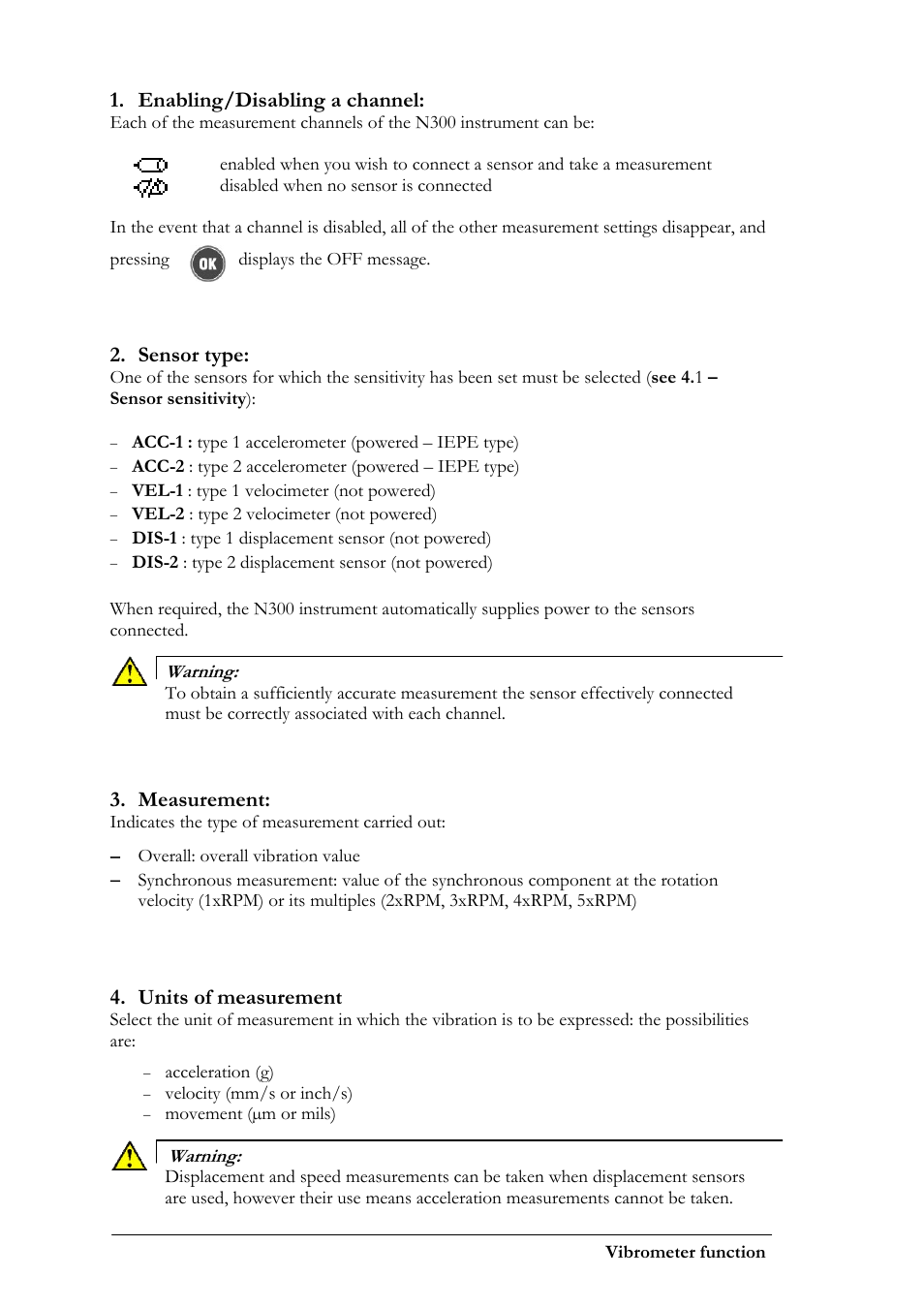 Enabling/disabling a channel, Sensor type, Measurement | Units of measurement | CEMB USA N300 User Manual | Page 26 / 90