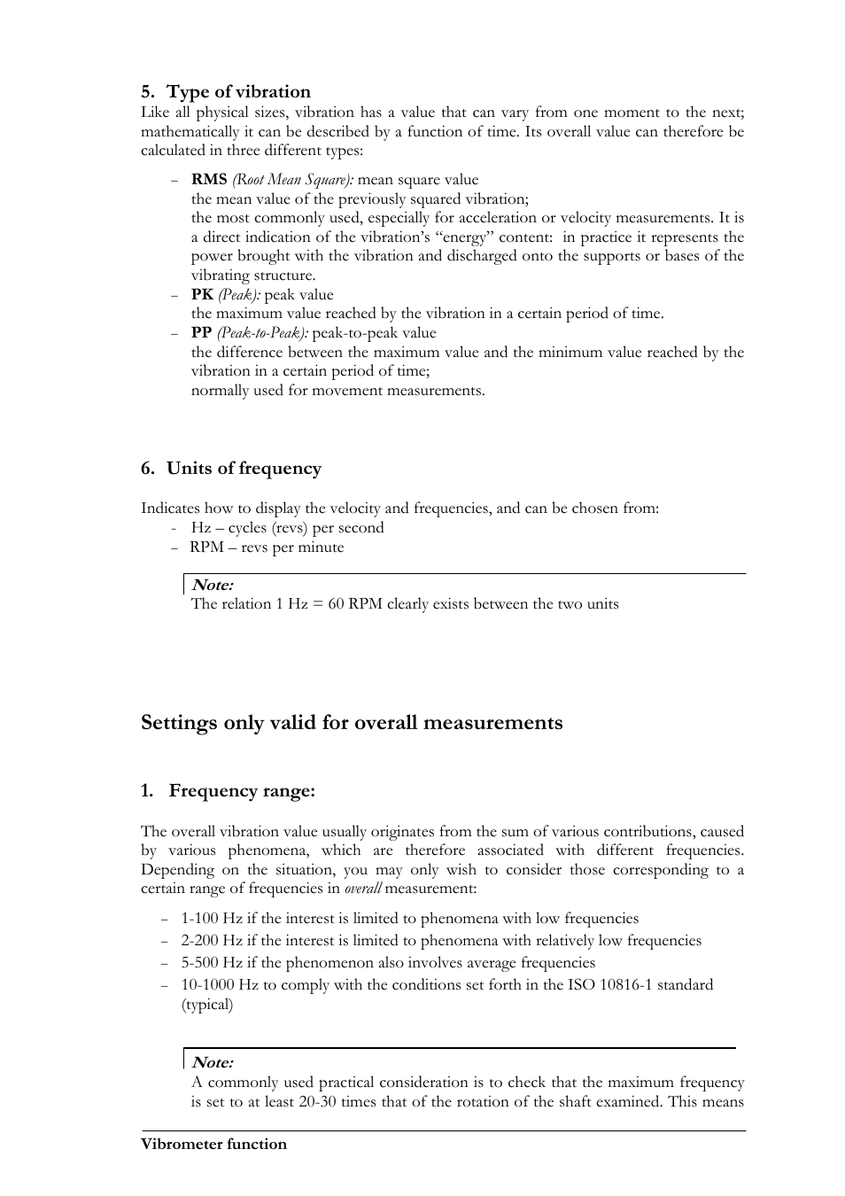 Settings only valid for overall measurements, Type of vibration, Units of frequency | Frequency range | CEMB USA N300 User Manual | Page 27 / 90