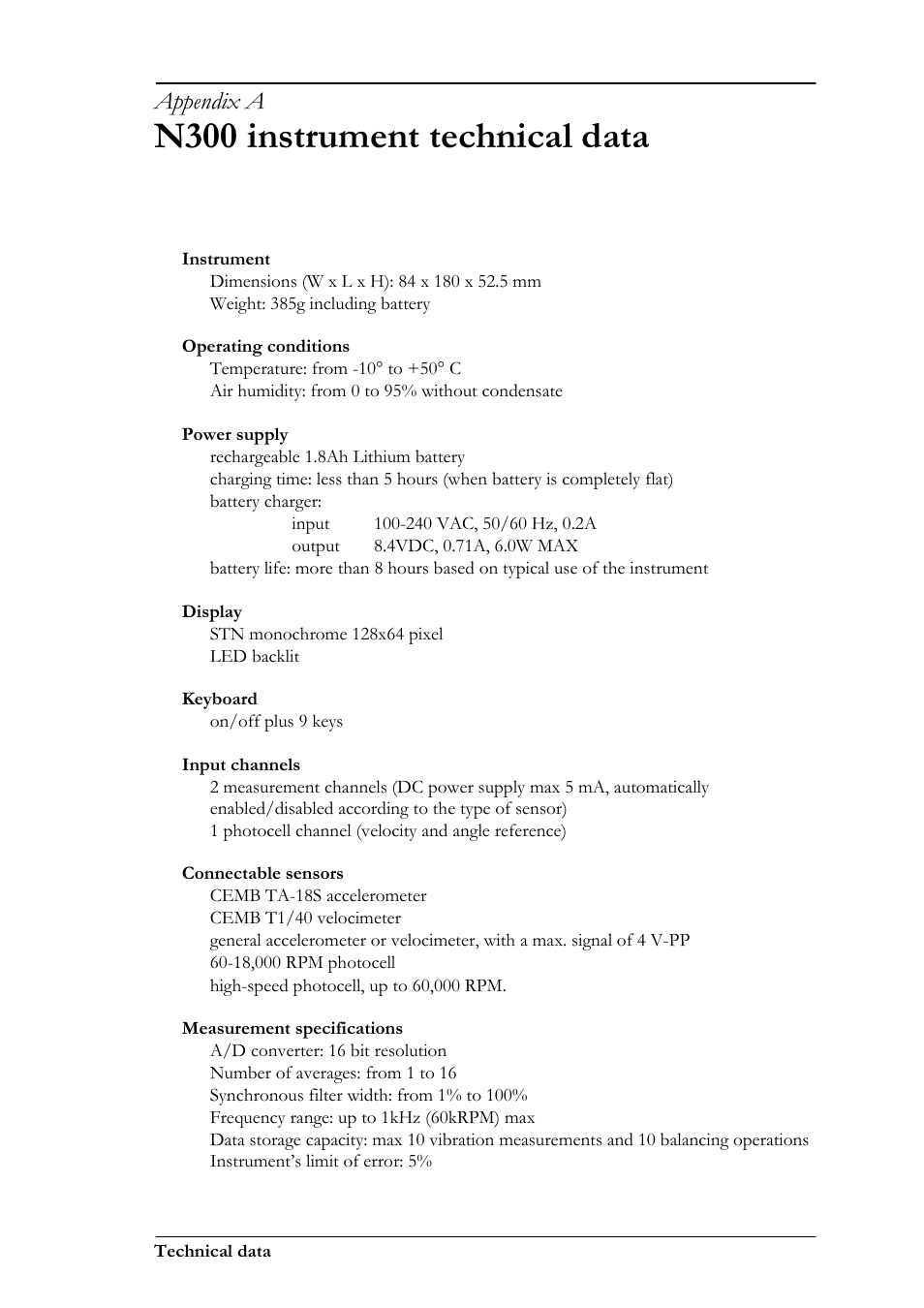 N300 instrument technical data, Appendix a | CEMB USA N300 User Manual | Page 59 / 90