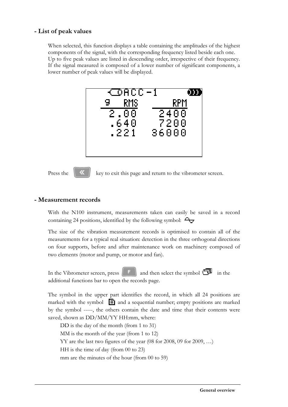 List of peak values, Measurement records | CEMB USA N100 User Manual | Page 16 / 68