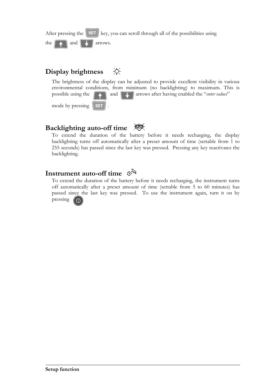 Display brightness, Backlighting auto-off time, Instrument auto-off time | CEMB USA N100 User Manual | Page 23 / 68