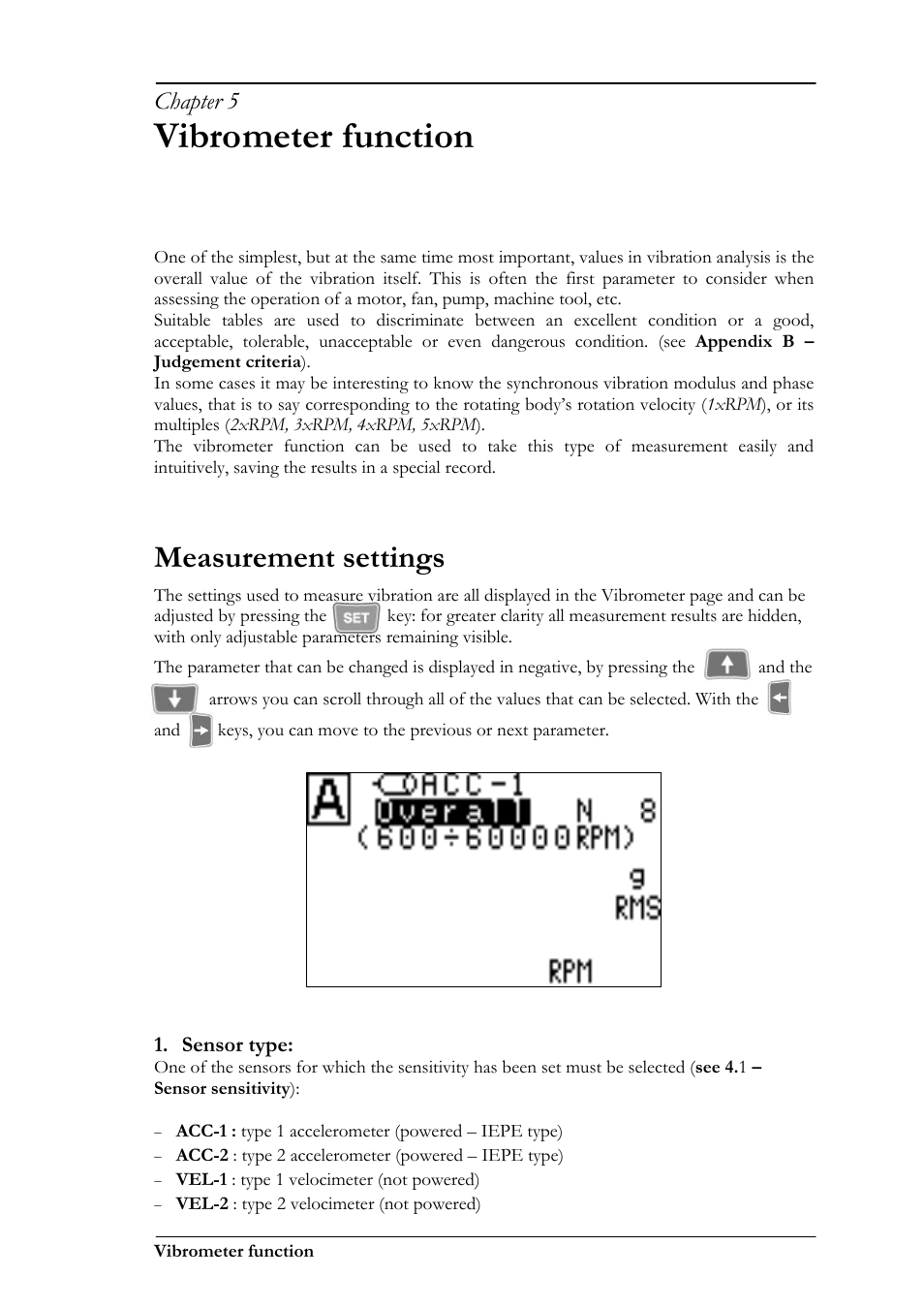 Vibrometer function, Measurement settings, Chapter 5 | CEMB USA N100 User Manual | Page 25 / 68