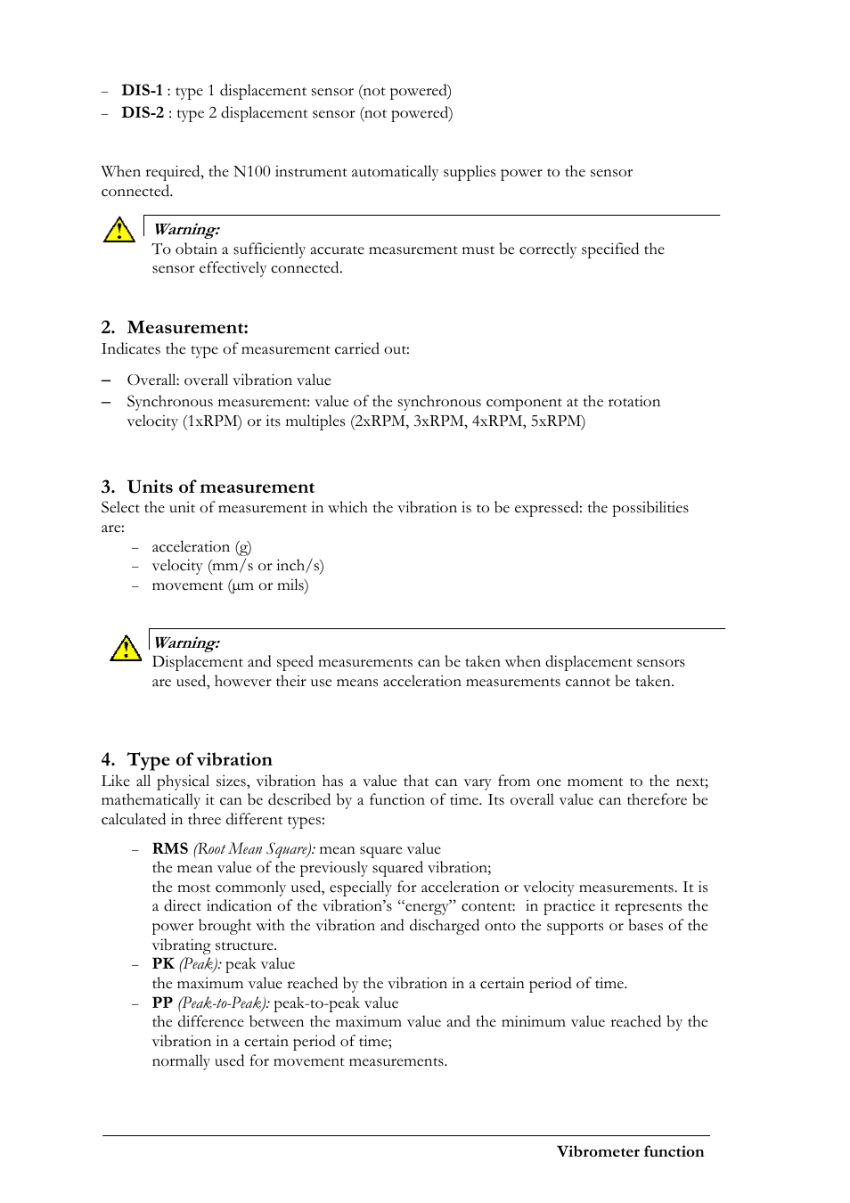 Measurement, Units of measurement, Type of vibration | CEMB USA N100 User Manual | Page 26 / 68