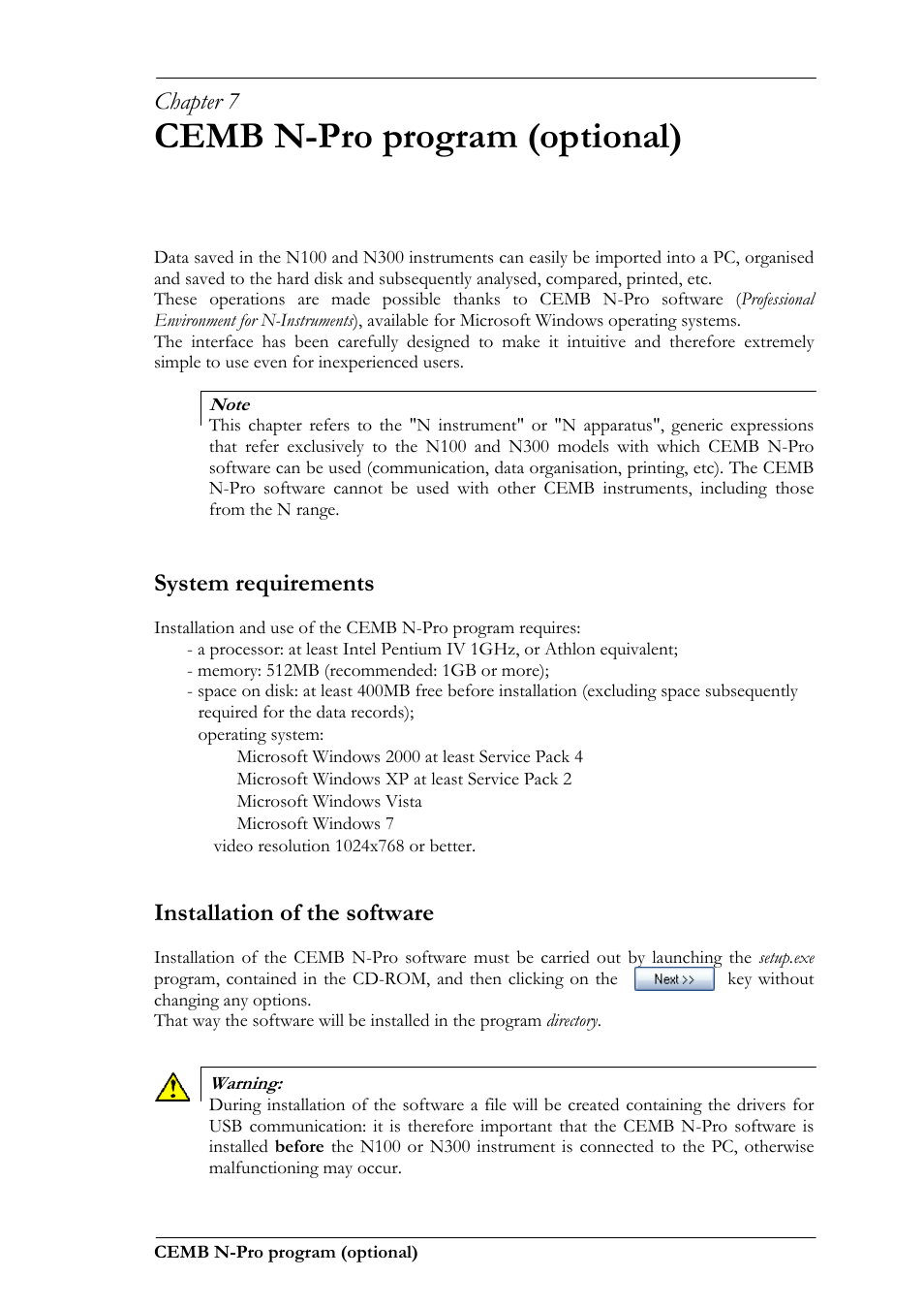 Cemb n-pro program (optional), Chapter 7, System requirements | Installation of the software | CEMB USA N100 User Manual | Page 37 / 68