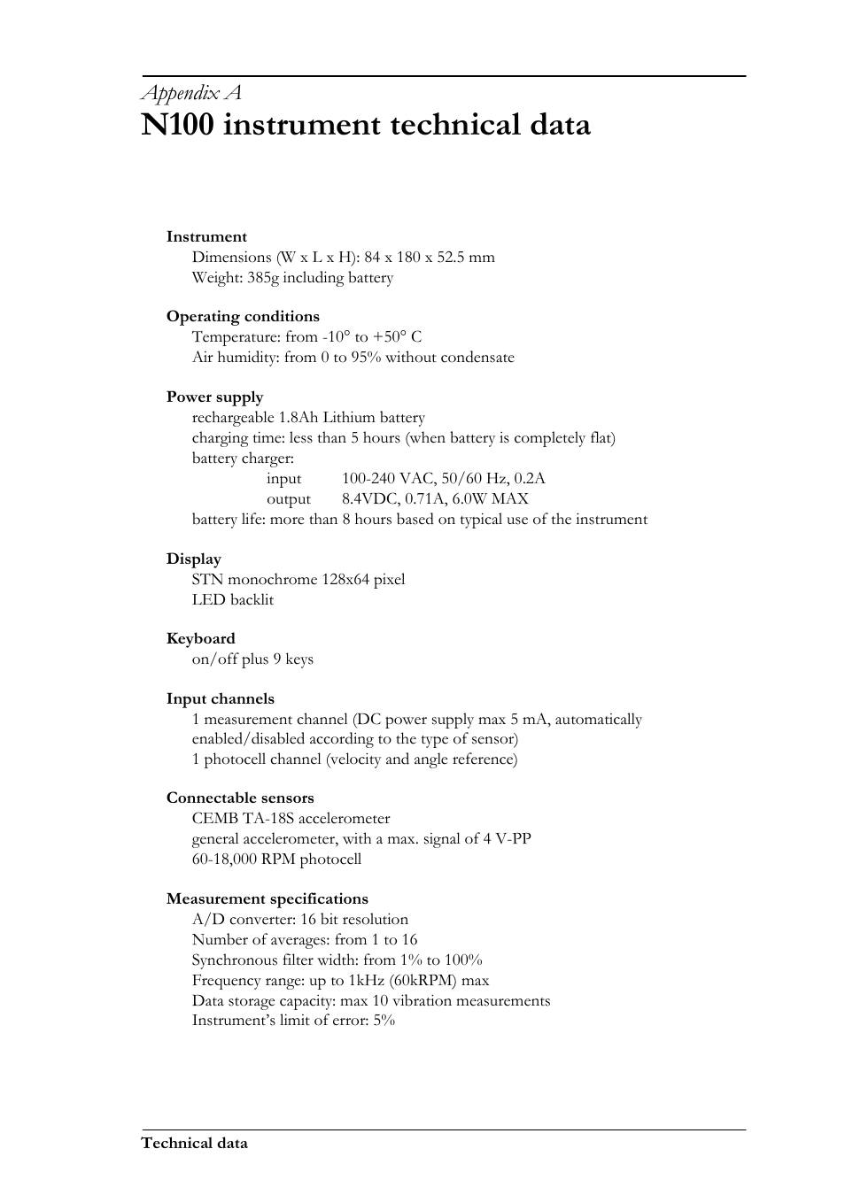 N100 instrument technical data, Appendix a | CEMB USA N100 User Manual | Page 51 / 68