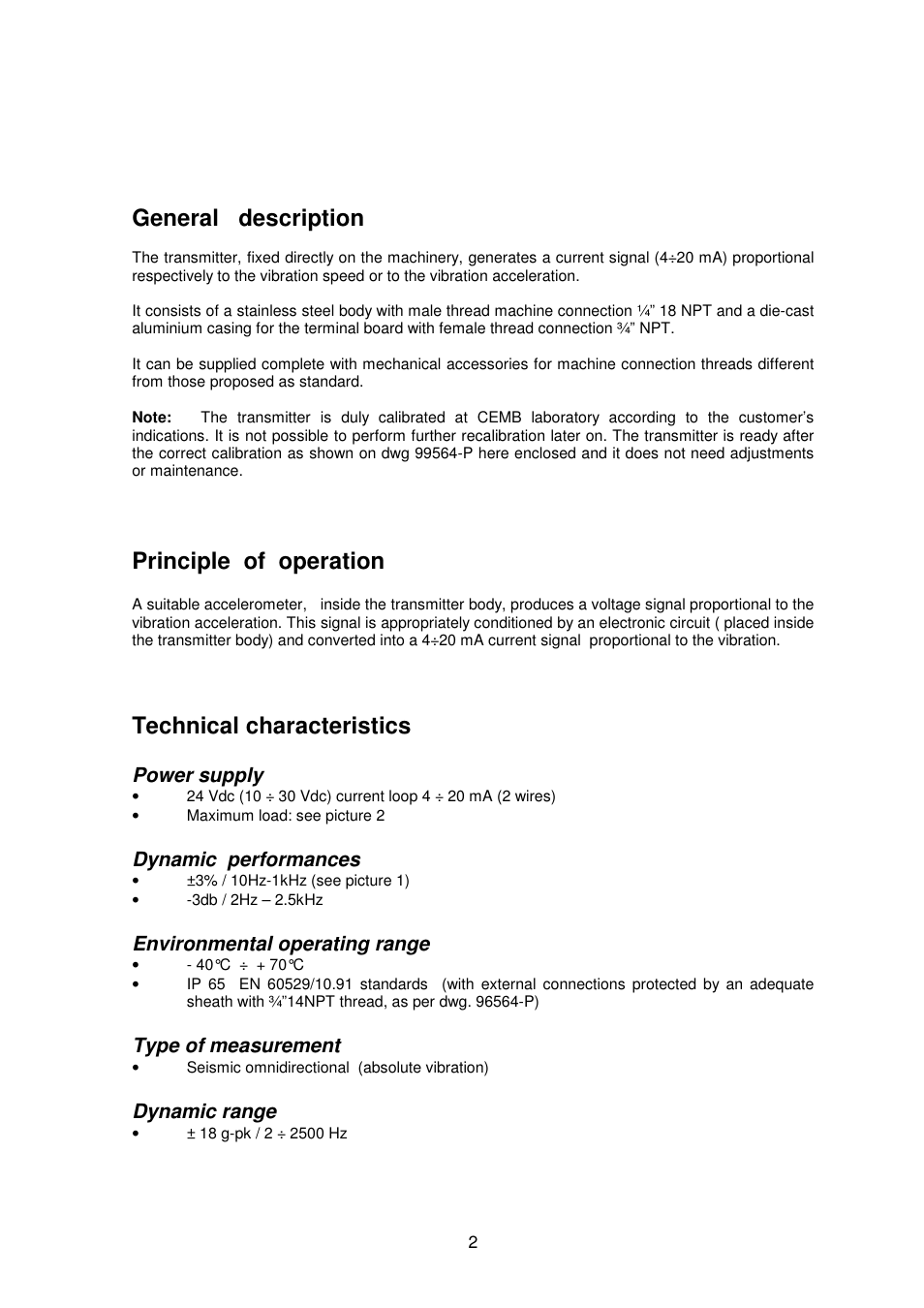 General description, Principle of operation, Technical characteristics | CEMB USA TR–I ATEX User Manual | Page 2 / 7