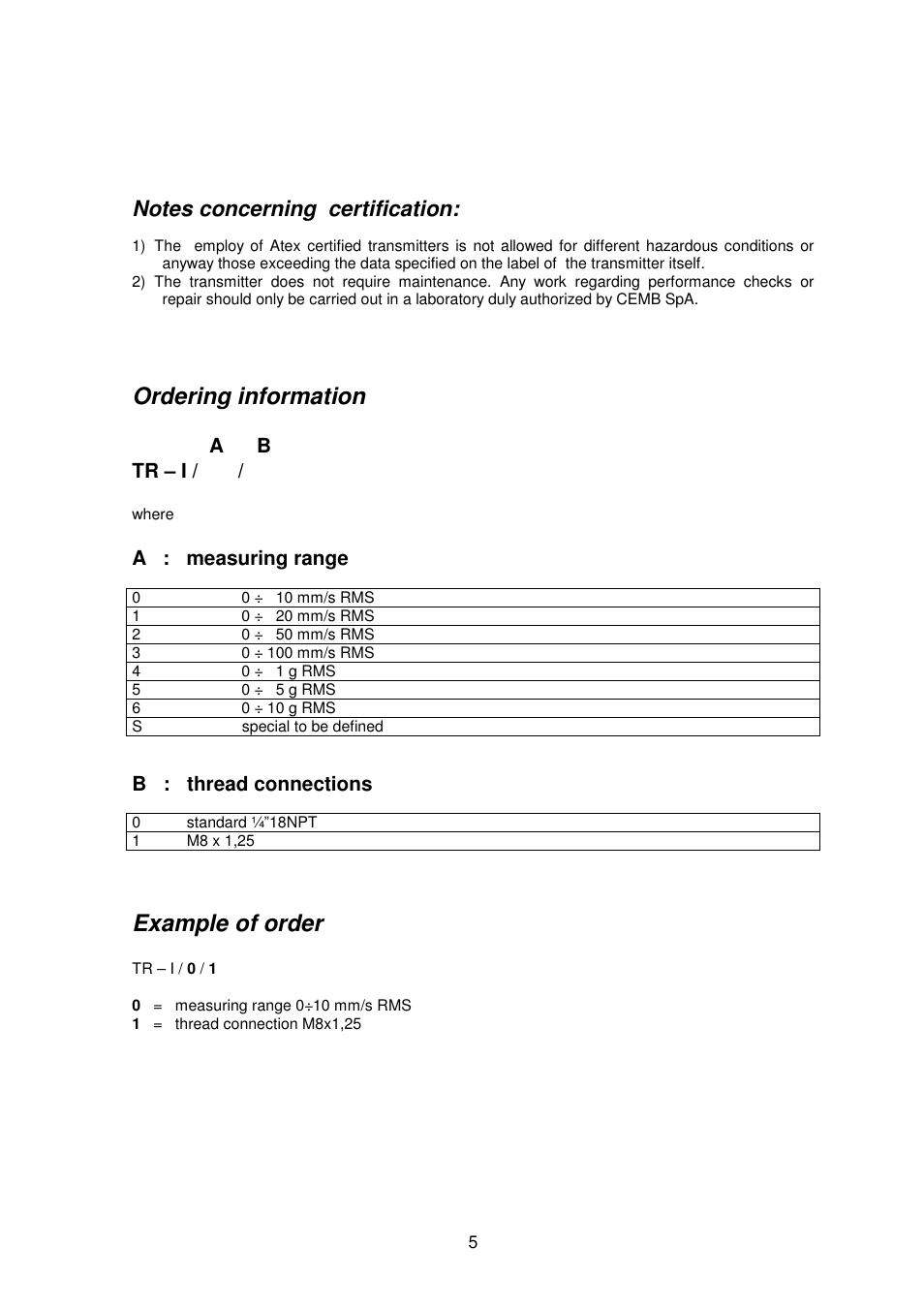 Ordering information, Example of order | CEMB USA TR–I ATEX User Manual | Page 5 / 7