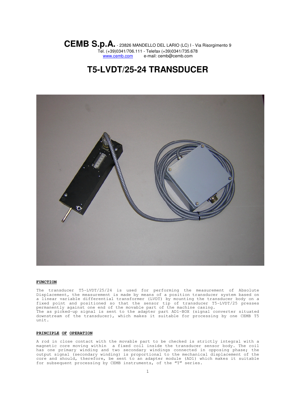 CEMB USA T5-LVDT_25-24 User Manual | 4 pages