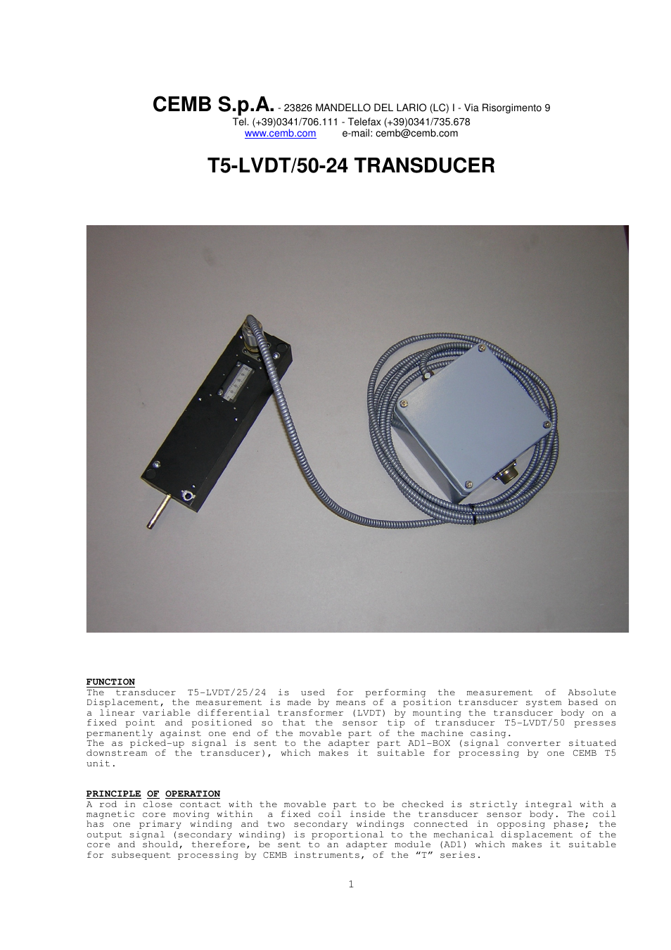 CEMB USA T5-LVDT_50-24 User Manual | 4 pages