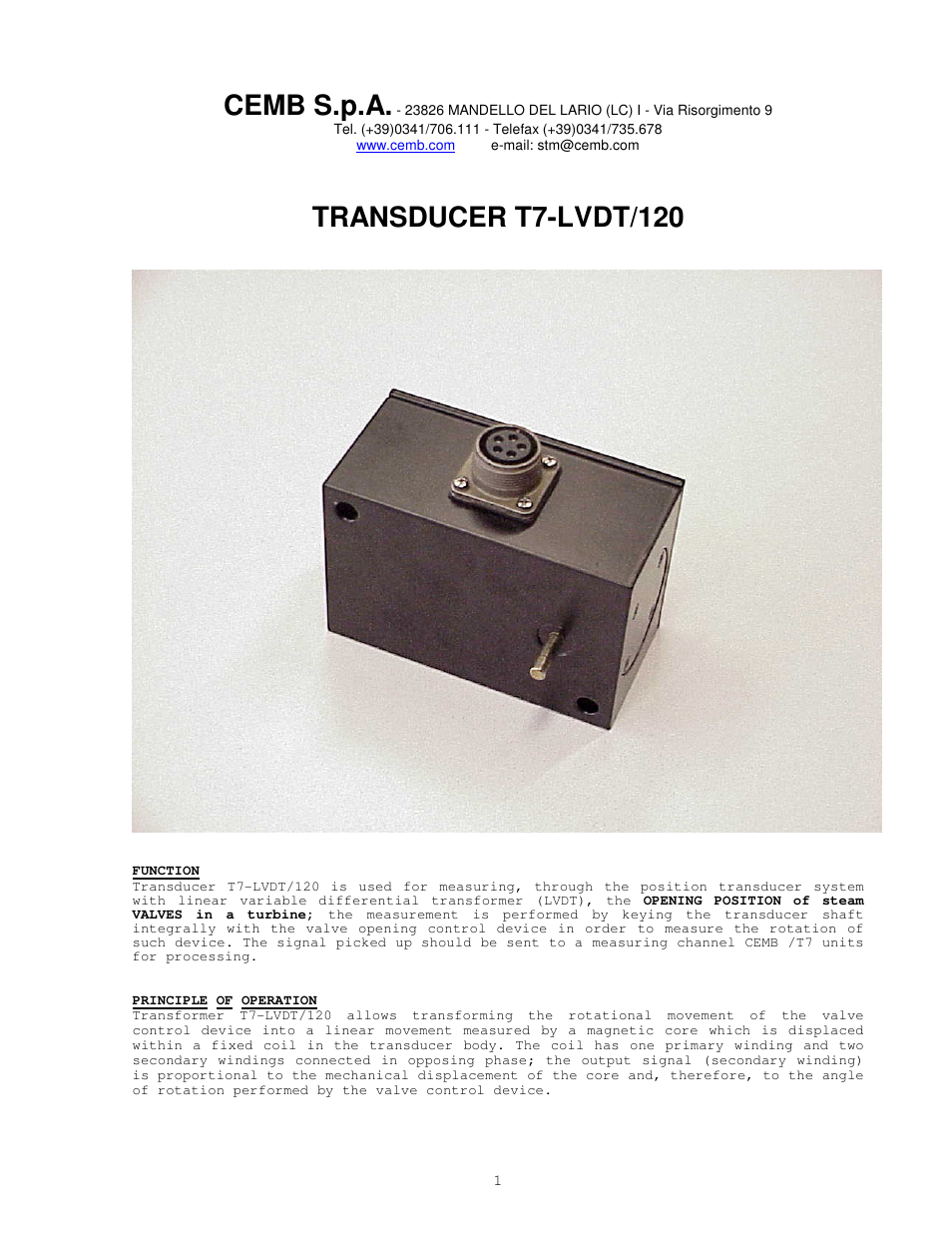 CEMB USA T7-LVDT_120 User Manual | 4 pages