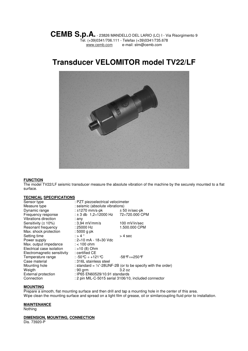 CEMB USA TV22-LF User Manual | 2 pages