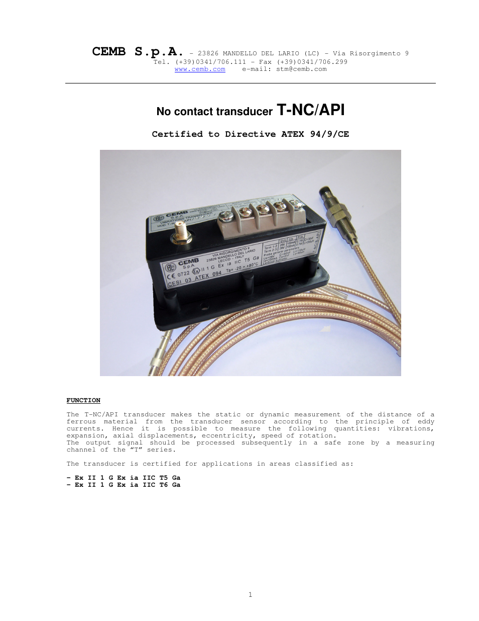 CEMB USA T-NC-API-ATEX User Manual | 5 pages
