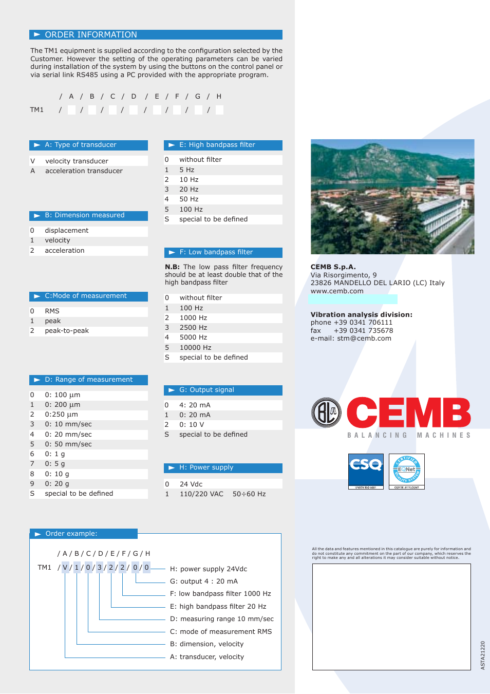 Order information | CEMB USA TM1 User Manual | Page 4 / 4