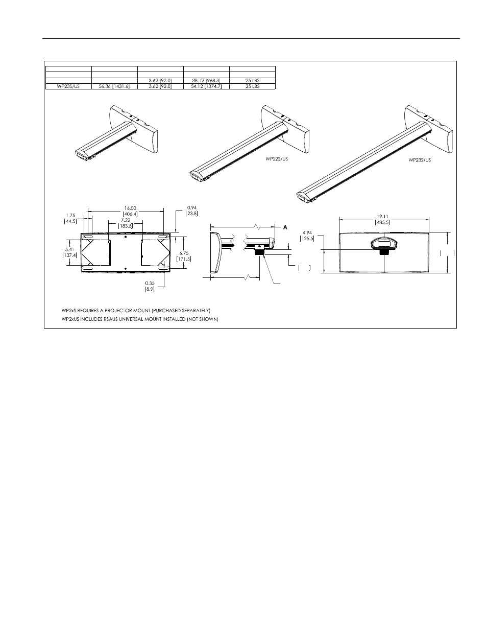 Dimensions, Installation instructions wp2xs, wp2xus 3 | CHIEF WP2XS_WP2XUS User Manual | Page 3 / 16