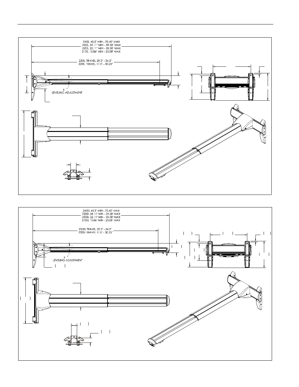 Dimensions, Installation instructions 4, Wm2xxs/wm2xxaus (standard model) | Wm2xxsi/wm2xxausi (interactive model), Dimensions: inches, Dimensions: [millimeters] inches | CHIEF WM2 Series User Manual | Page 4 / 28
