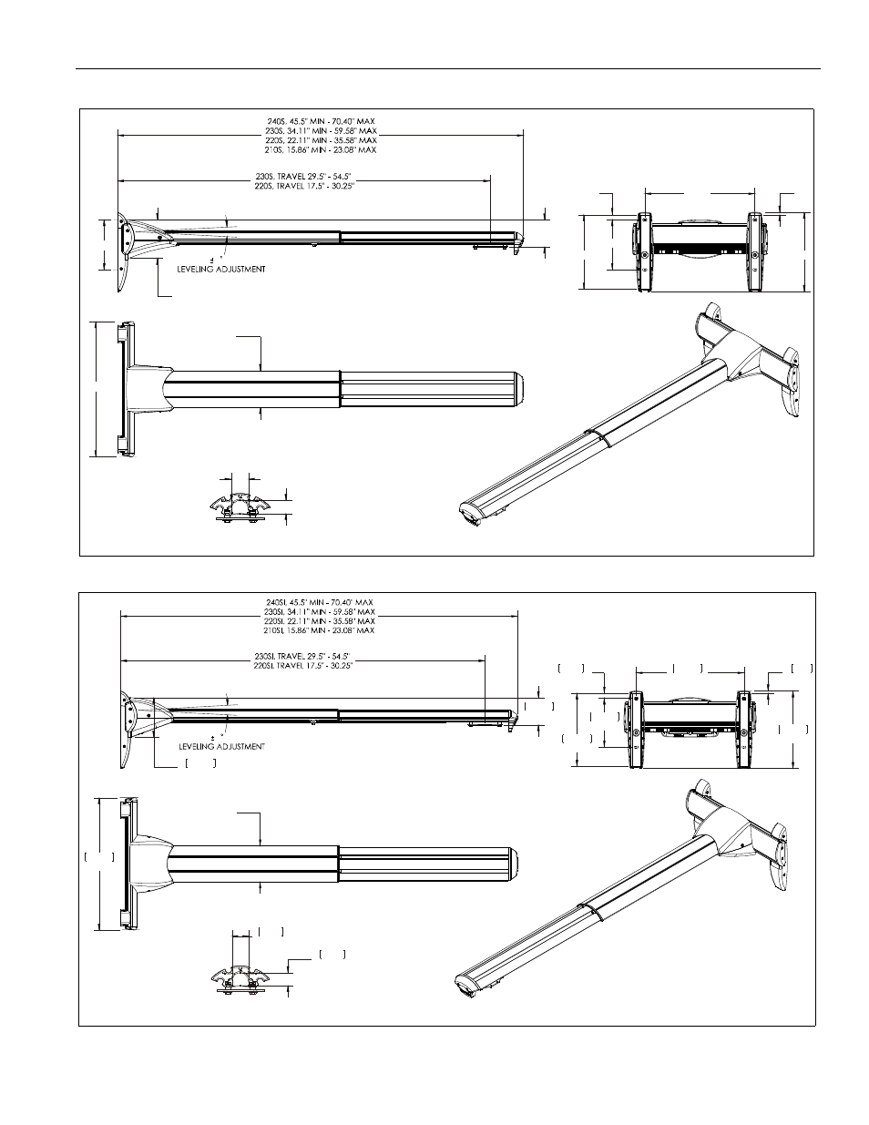 Dimensions, Wm2xxs (standard model), Wm2xxsi (interactive model) | Dimensions: inches, Dimensions: [millimeters] inches | CHIEF Short Throw Interactive Series User Manual | Page 3 / 28