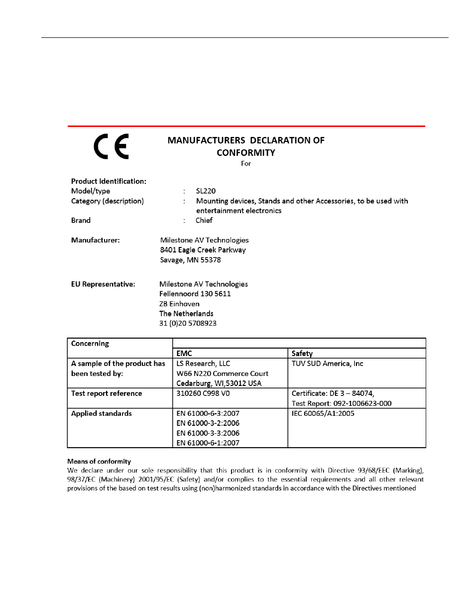CHIEF SL220 User Manual | Page 19 / 20