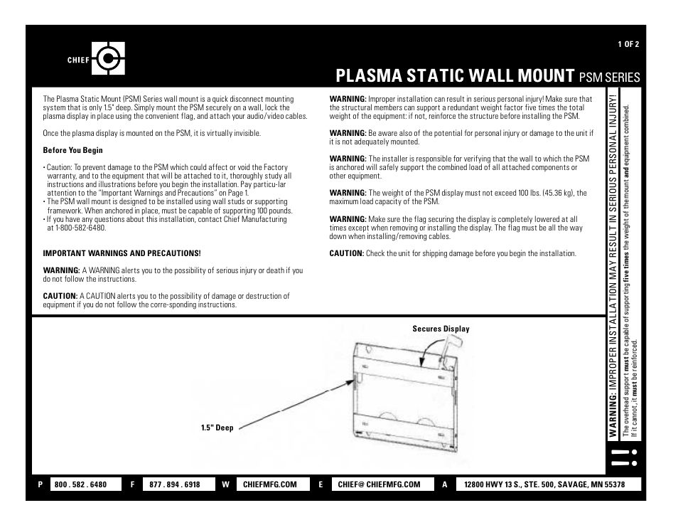 CHIEF PSM Series User Manual | 2 pages